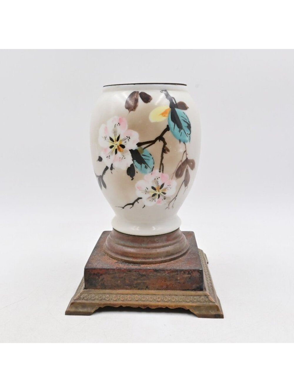 Porcelain Vase Cast Metal Base Hand Painted Cherry Blossom Vintage